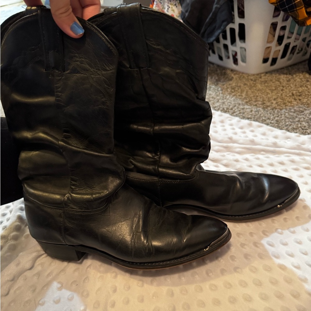 Men's Black Leather Slouch Cowboy Boots 8.5D